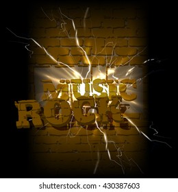 vector illustration background music label music and rock in a crack of a brick wall with flares and sparks.