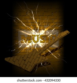 vector illustration background music label music and guitar in a crack of a brick wall with flares and sparks.
