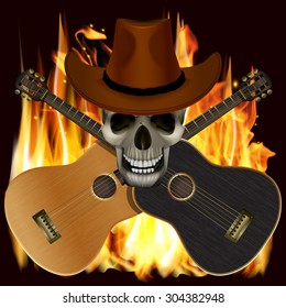 vector illustration background music skull in a cowboy hat with crossed guitars on a background of flames