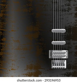 vector illustration background music, a steel string electric guitar on rusty iron sheet