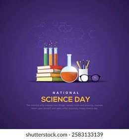 Vector illustration of a background for national Science Day. Science Day design with modern, shinny and technology background,  concept with test tube, pencil stand, specs, books.