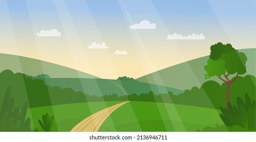 Vector illustration with background of natural landscape with fields, meadows, road. It can be used for substrate, backdrop in the design of websites, banners, etc.