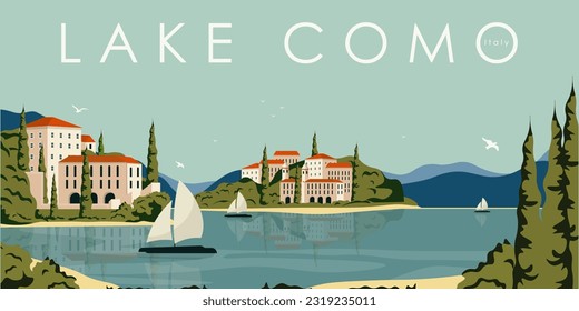Vector illustration. Background nature. Italy, Lake Como. Tourism, travel. Background for travel website, book illustration. Background for packaging.