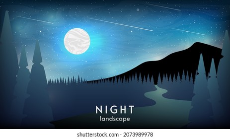 Ilustración vectorial paisaje natural de fondo en el campo. Estilo plano. Paisaje nocturno con luna llena y estrellas en cielo azul oscuro con montañas y bosque.