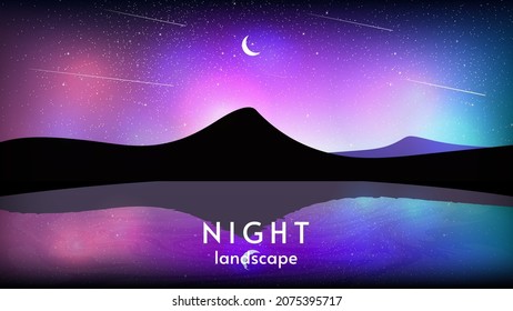 Vector illustration background nature landscape. Flat style. Night scenery with full moon and stars in the light colorful aurora sky with mountains and sea or ocean. 