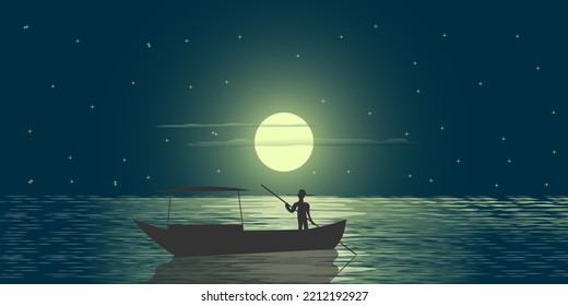 Vector Illustration Background Nature Sky Sea Night Landscape Ocean Moon Beautiful Travel Ship Silhouette Dark Night Light Black Blue Water