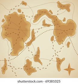 Vector illustration. Background of old style map with route and marks