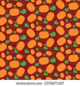 Ilustración vectorial. Calabazas anaranjadas de fondo con hojas verdes sobre un fondo marrón oscuro.