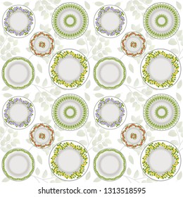 Vector illustration background ornament seamless pattern for printing large set of vintage plates on the wall with floral print for decor wrapper print on fabric, Wallpaper wall design in light 