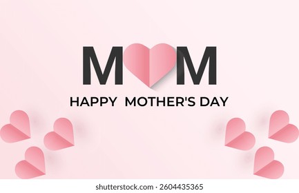 Vector illustration of background paper flying hearts on pink and white colour. Mother's day Banner and postcard. Pink rose symbol of love. Banner poster, flyer and background design template.