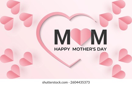 Vector illustration of background paper flying hearts on pink and white colour. Mother's day Banner and postcard. Pink rose symbol of love. Banner poster, flyer and background design template.