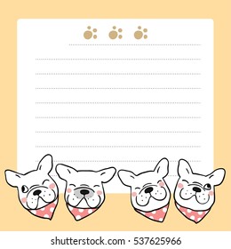 Vector illustration background paper note of head pug dog.Doodle cartoon style.