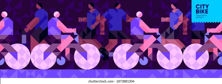 Vector illustration. Background pattern, city street, passers-by and cyclists. Abstract, background patterns, triangular mosaics, stylized polygonal images, geometric backgrounds, large width.