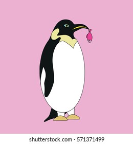 Vector illustration background with penguin-boy in love and gift-fish