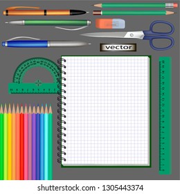 Vector illustration background pens, pencils and rulers vector realistic set of 3D detailed illustration stationery. Set of student to study