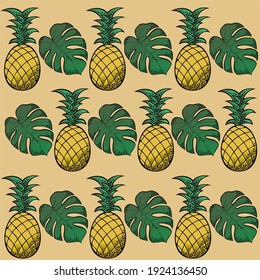 Vector illustration, Background with pineapple fruits and monstera leaves on a yellow background