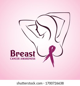 Vector illustration of a Background with pink ribbon, women breast outline for breast cancer awareness. One line drawing concept, design for international health campaign for woman in October