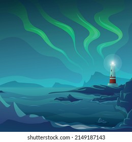 Vector illustration background of a polar lighthouse with aurora. Arctic landscapes and ocean.