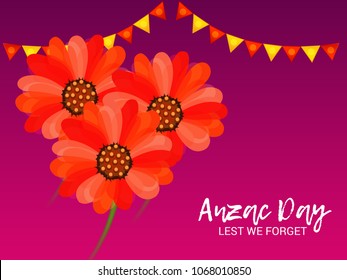 Vector illustration of a Background  with poppies and text Lest we forget.