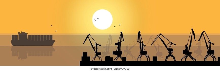 Grúas de puerto de fondo de ilustración vectorial sobre el fondo del sol y un barco contenedor, un símbolo de negocios, finanzas, comercio, logística.