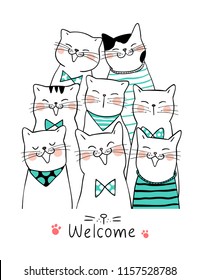 Vector illustration background portrait cute cats on white and word welcome.Doodle cartoon style.