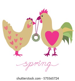Vector illustration background or post card with hen and cockerel