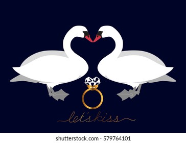 Vector  illustration background or post card with two swans and wedding ring