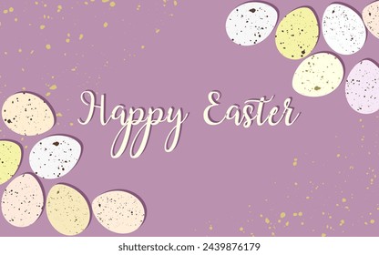 Vector illustration. Background, postcard, Happy Easter inscription, Easter eggs, in pastel colors on a purple background. Postcard, invitation, social media, banner, card