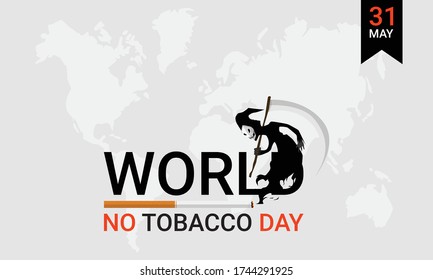 Vector illustration of background or poster or banner for May, 31 World No Tobacco Day. Stop smoking concept advertisement. Design by cigarette and the death sign scytheman holding a scythe