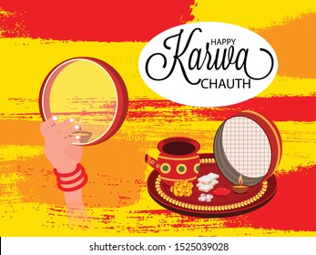 Vector illustration of a background or Poster for Celebrate Indian Lady Festival Karva Chauth.
