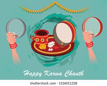 Vector illustration of a background or Poster for Celebrate Indian Lady Festival Karva Chauth.