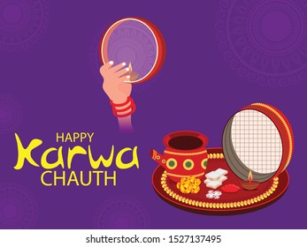 Vector illustration of a background or Poster for Celebrate Indian Lady Festival Karva Chauth.