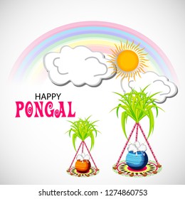 Vector illustration of a background or poster With colorful pots for religious traditional harvest festival Happy Pongal.