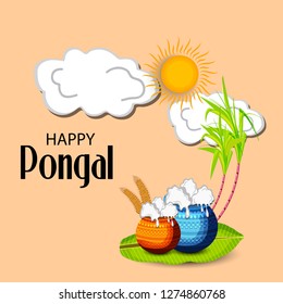 Vector illustration of a background or poster With colorful pots for religious traditional harvest festival Happy Pongal.