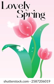 Vector illustration background poster with wet tulip, butterflies