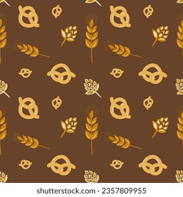 Vector illustration background of pretzels and wheat in a repeating seamless pattern against an brown background. Wrapping pack paper. Oktoberfest.