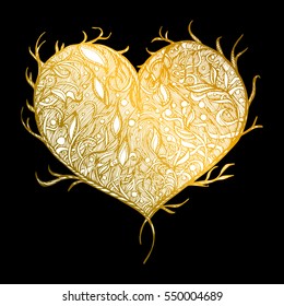 vector illustration background. Print T-shirt, souvenir, textiles. Symbol, Tattoo, love, tree. Handmade, beauty, vintage, modern, bohemian, fashion, heart, core, soul, amour, black, dark, gold, old