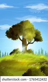 Vector illustration background of the realistic summer landscape. Hill landscape with one beautiful tree on the hill, grass and little flowers. Summer scenery with green grass and blue sky