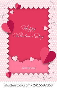 Vector illustration background, rectangular frame with white heart dots, also with pink cloud shape within the frame, theme of love or valentine