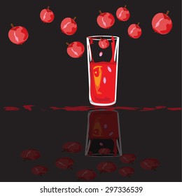 a vector illustration of a background with red berries falling on the front of a a glass with red and red shades juice with a reflection on them bottom of the image