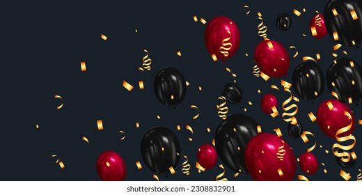 vector illustration, background red and black balloons, golden confetti