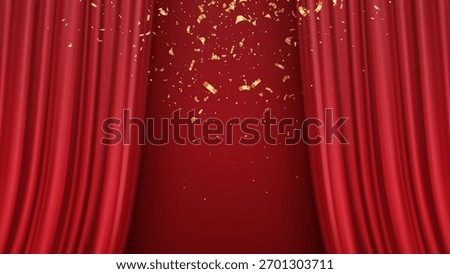 Vector Illustration Background Red Curtain Stage With Gold Confetti And Celebration Theme For Event.
