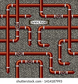 Vector illustration of background of red orange tubes on the background of gray stone masonry with shadow