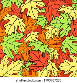 vector illustration background with red yellow green leaves. Autumn leaves are mixed with each other.
