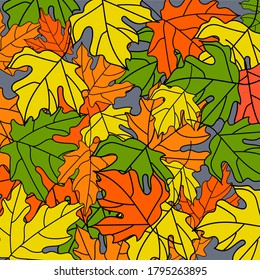 vector illustration background with red yellow green leaves. Autumn leaves are mixed with each other.