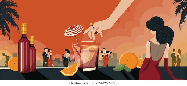 Vector illustration. Background. Retro party, cocktails, people. NY. Cafe Restaurant. Background for the site, landing page, horizontal banner, postcard, cover. Modern design.