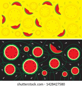 Vector illustration of a background of a round watermelon, slice of watermelon and seeds. Yellow background. Black background. Invoice. Summer.