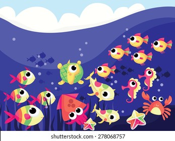 A vector illustration background scene from under the sea with many different colorful cartoon sea creatures.