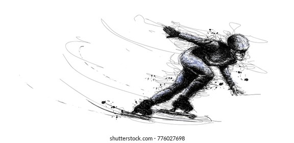 Vector illustration background in scribble of XXIII style Winter games. Olympic speedskater athlete speed skating ice arena from scribble silhouette
