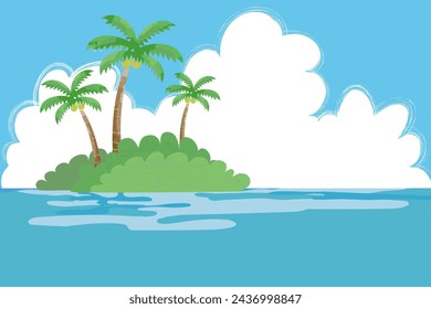 Vector illustration of a background of sea and blue sky with palm trees, islets covered with vegetation
